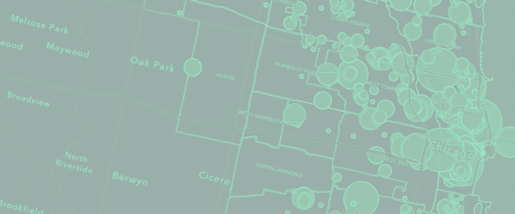 Close-up detail of Chicago map showing dense concentration of Field Foundation grantee locations on the West Side