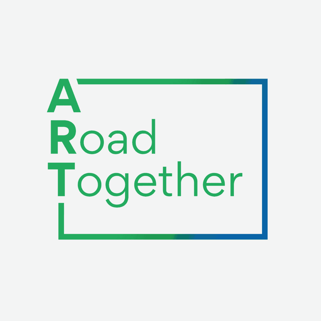 A Road Together (ART) program logo, Field Foundation's arts initiative in partnership with MacArthur Foundation, featuring green sans-serif text arranged with 'ART' spelled vertically on the left, enclosed in a rectangular frame with green-to-blue gradient border